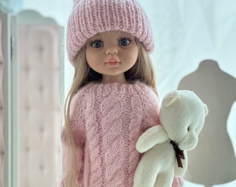 Schöne Paola Reina Puppe mit langen Haaren in einem rosa Strickpullover, Geschenk für Tochter, Puppen Kleidung, zum Geburtstag Mädchen
