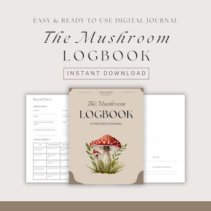 Può includere: Un diario digitale stampabile sui funghi con una copertina che presenta un'illustrazione ad acquerello di funghi rossi in un ambiente boschivo. Il testo sulla copertina recita "The Mushroom Logbook, A Foragers Journal".