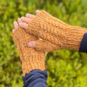 May include: A pair of orange fingerless gloves with a cable knit design. The gloves are made of a textured yarn with flecks of white and brown. The cuffs are ribbed, and the background is a blurred green.