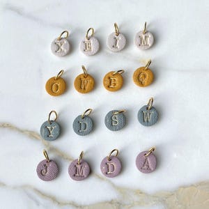 May include: Assortment of 15 alphabet letter charms in various colors, including gray, light blue, mustard yellow, and light purple. Each charm has a gold ring and a gold letter.