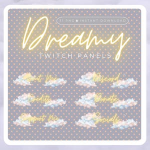 May include: A digital graphic set featuring 31 PNG Twitch panels on a light purple background with a repeating pattern of small peach stars. The text reads Dreamy TWITCH PANELS, 31 PNG INSTANT DOWNLOAD, About Me, Discord, Credits, Donate, Support Me, Socials.