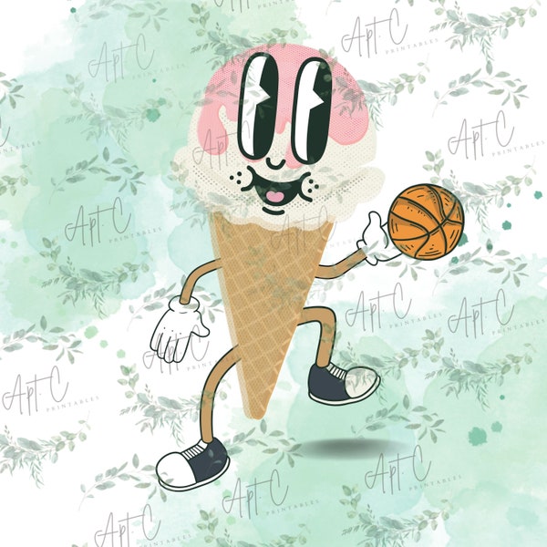 Retro Ice Cream Cone playing Basketball PNG SVG JPG, Retro dessert instant download, retro basketball svg, ice cream cone clipart, Pop art