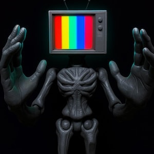 以下が含まれることがあります： テレビを頭にした人型の灰色のフィギュア。テレビ画面には虹色のカラーバーが表示されています。このフィギュアは、大きく広げられた手と、骸骨のような胴体と脚を持っています。背景は黒です。