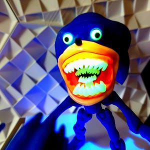 May include: A blue and orange articulated toy figure of a cartoon character with a wide open mouth and large teeth. The figure has a blue body, orange mouth, and green eyes.