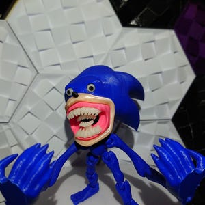 May include: A blue and pink articulated action figure of Sonic the Hedgehog with a creepy, exaggerated smile and large, white eyes.