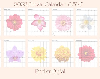 Calendario 2023 / Calendario Imprimible / Calendario Digital / Calendario Cartas / Flores PDF