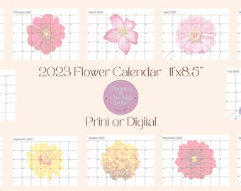 Calendario 2023 / Calendario Imprimible / Calendario Digital / Calendario Cartas / Flores PDF