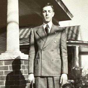 VINTAGE PHOTO handsome man in tailored pinstripe suit eyes closed SNAPSHOT