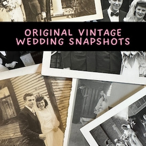 May include: A collection of vintage wedding photographs, some in black and white, some in sepia tones, showing couples posing for their wedding photos. The photos are arranged in a pile, with some overlapping.