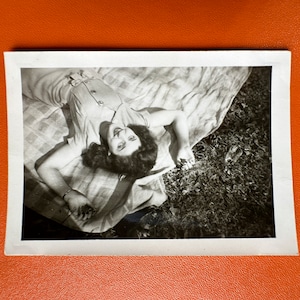 Idle Beauty - Vintage Photograph - 1940s Original Snapshot Found Photo B&W gorgeous brunette woman girl lying on back smiling playful pretty