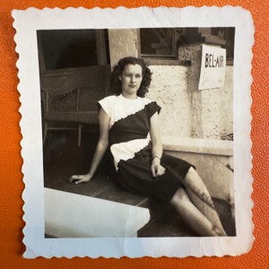 Pretty Girl in Bel-Air - Vintage Photograph - Original Snapshot Found Photo B&W Black and White Striped Dress Cute Prim Woman Fashionable