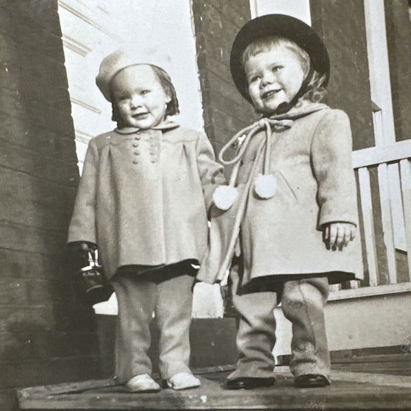 Original Photograph of Two children in adorable little coats, Purse, pompoms original VINTAGE PHOTO snapshot