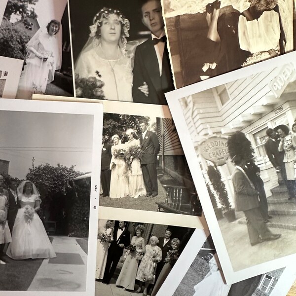 VINTAGE WEDDING Photos Variety Lot - Black & white found snapshots - marriage wedding dresses brides cake ORIGINAL photographs junk ephemera