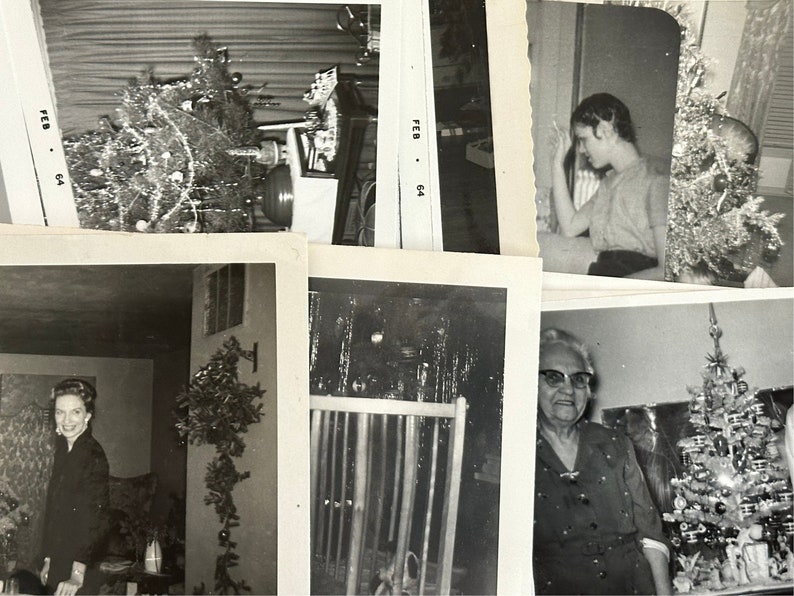 May include: A collection of black and white photographs showing various people and scenes from a holiday gathering. The photos are arranged in a collage format and include images of a decorated Christmas tree, a group of people gathered around a table, and a single person standing in front of a decorated Christmas tree.