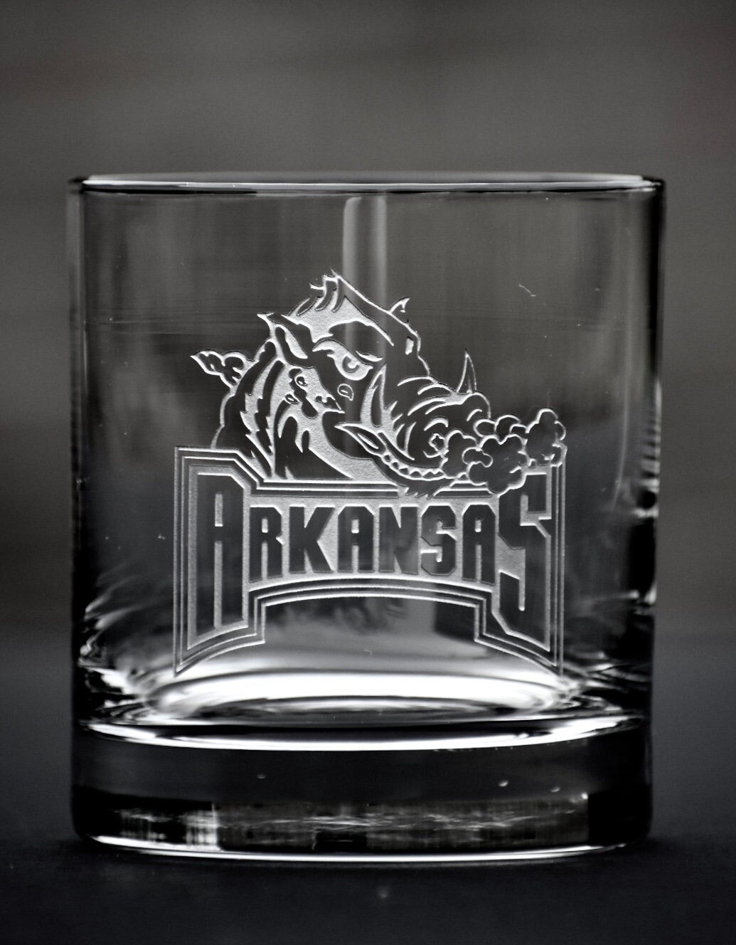 Arkansa Razorbacks Custom Whiskey Glass, Deep Etched Razorback Glass