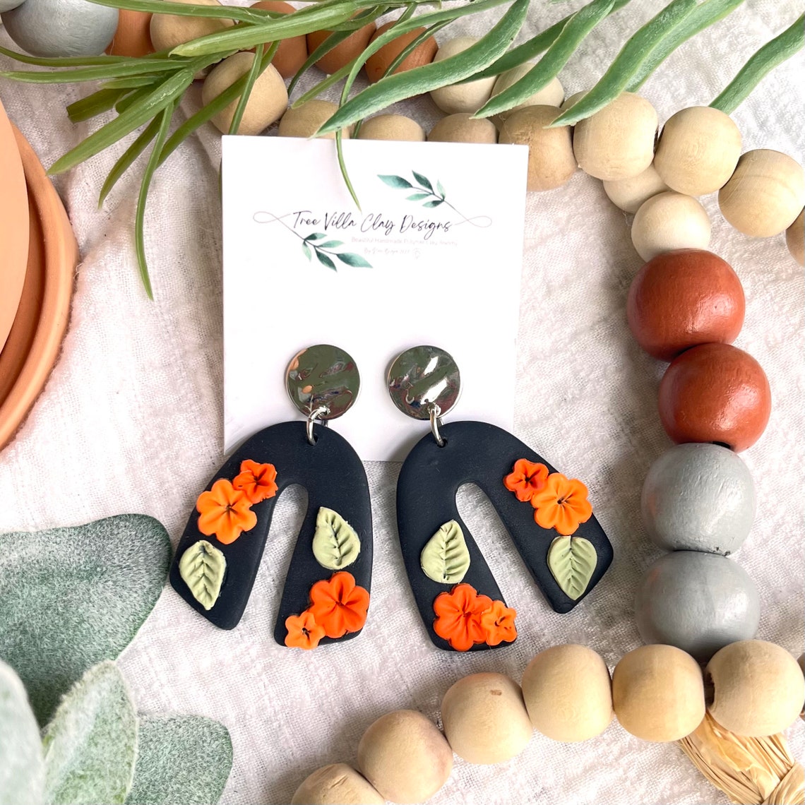 Polymer Clay Earrings Statement Earrings Orange and Black Etsy