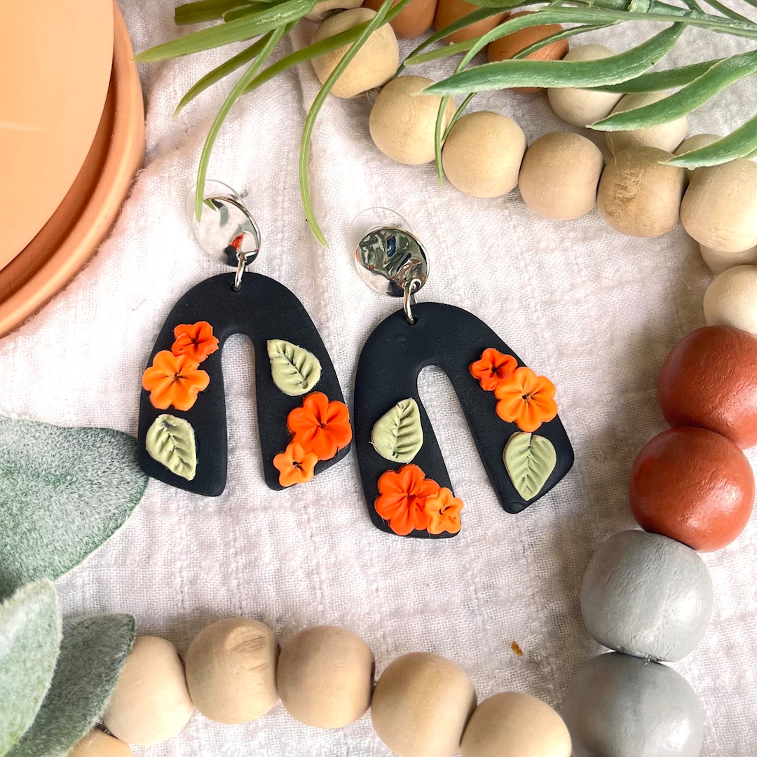 Polymer Clay Earrings Statement Earrings Orange and Black Etsy