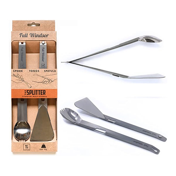THE SPLITTER Titanium Tongs, Spork and Spatula - Portable Lightweight Metal Multi Utensil for Camp Kitchen, Backpacking, Outdoor Cooking