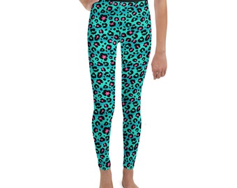 Leggings juveniles con estampado de guepardo verde azulado para niña 8-20 Conjunto a juego de mamá y yo