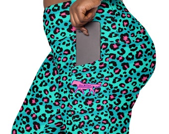 Blaugrüne Cheetah-Sportleggings für Damen mit Taschen, passendes Mama-und-ich-Outfit