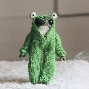 Pode incluir: Uma boneca de sapo feita à mão, de malha, vestindo um macacão verde com capuz. O sapo tem olhos grandes e pretos e pequenos detalhes brancos nos olhos. A boneca está em uma superfície branca e fofa.