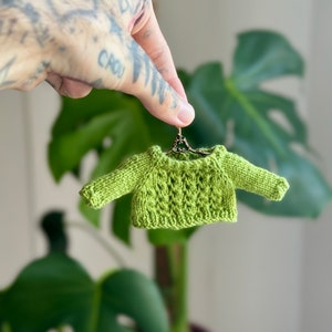 May include: A small green knitted sweater with a cable knit pattern hangs on a gold hanger.