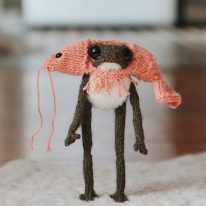 Puede incluir: Una muñeca de rana tejida a mano, con piernas y brazos largos y delgados. La rana lleva un disfraz de camarón rosa, que incluye un tocado y una bufanda. El cuerpo de la rana es blanco.