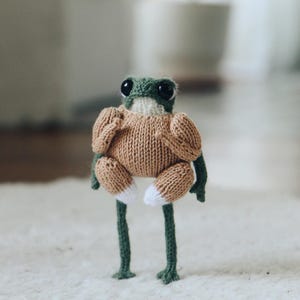 May include: A green knitted frog wearing a brown knitted sweater with white feet. The frog is standing on a white fluffy surface.