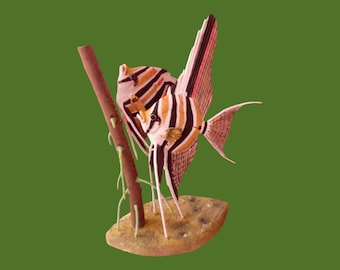 Angel fish pair, Hand-Carved Linden Wood Altum Angelfish Pair, Realistic Wooden Sculpture