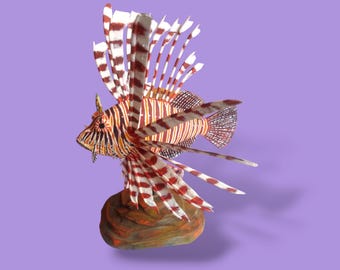 Lionfish, Hand Carved Oak Lionfish Sculpture: Unique Home Decor