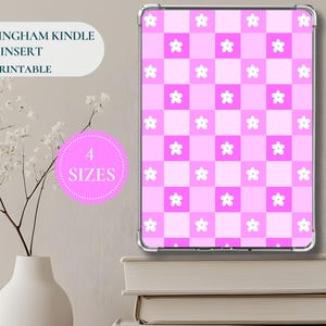 Inserto Kindle con estampado de margaritas rosas y cuadros, fondo Kindle floral y bonito, estética acogedora para lectores, decoración Kindle para chicas, descarga instantánea.