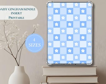 Printable Blue Daisy Gingham Kindle Insert – Cottagecore Pattern, 4 Sizes (Digital Download)