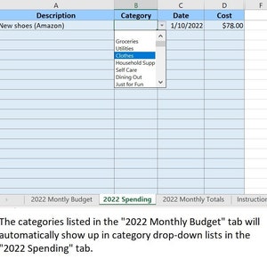 May include: A spreadsheet with the headings Description, Category, Date, and Cost. The first row shows the text "New shoes (Amazon)" in the Description column, "Clothes" in the Category column, "1/10/2022" in the Date column, and "$78.00" in the Cost column. The Category column has a drop-down menu with the following options: Groceries, Utilities, Clothes, Household Supp, Self Care, Dining Out, and Just for Fun.