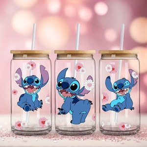 Lilo & Stitch 16oz Libby Glass Cup| Hawaiian Flowers| Cold Brew| Cartoon Tumblers| Stitch Flowers Glass Can| Disney Inspired| Stitch Coffee