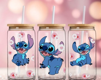Lilo & Stitch 16oz Libby Glass Cup| Hawaiian Flowers| Cold Brew| Cartoon Tumblers| Stitch Flowers Glass Can| Disney Inspired| Stitch Coffee