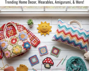 May include: Image featuring various crochet items, including a floral tote bag, a sun-shaped pillow, and a zigzag-patterned pillow. Other items include coasters, a mushroom applique, a scarf, and gloves. Text reads "50 Crochet Ideas for all skill levels."