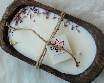 Wooden Dough Bowl with 100% Soy Wax creating a beautiful candle and centerpiece