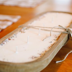 Wooden Dough Bowl with 100% Soy Wax creating a beautiful candle and centerpiece