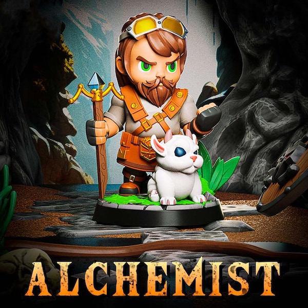 Chibi Alchemist miniature dungeons and dragons miniature dnd miniature artificer druid miniature human male with pet