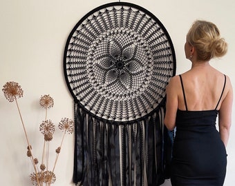 Large black dreamcatcher,  Viking dreamcatcher, Gothic mandala art, Boho dreamcatcher