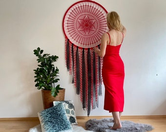 Extra large dreamcatcher, Giant red dreamcatcher, Red boho wall hanging