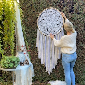 Large White Dreamcatcher – Handmade Boho Wall Hanging – Crochet Mandala Decor – Wedding or Nursery Art – Spiritual Gift
