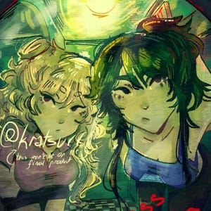 Peut inclure: Illustration numérique de deux personnages de style anime, l'un aux cheveux verts, l'autre blonds. L'image a une palette de couleurs verte et jaune. Le texte de l'image indique "@kratsurf" et "this won't be on final product".