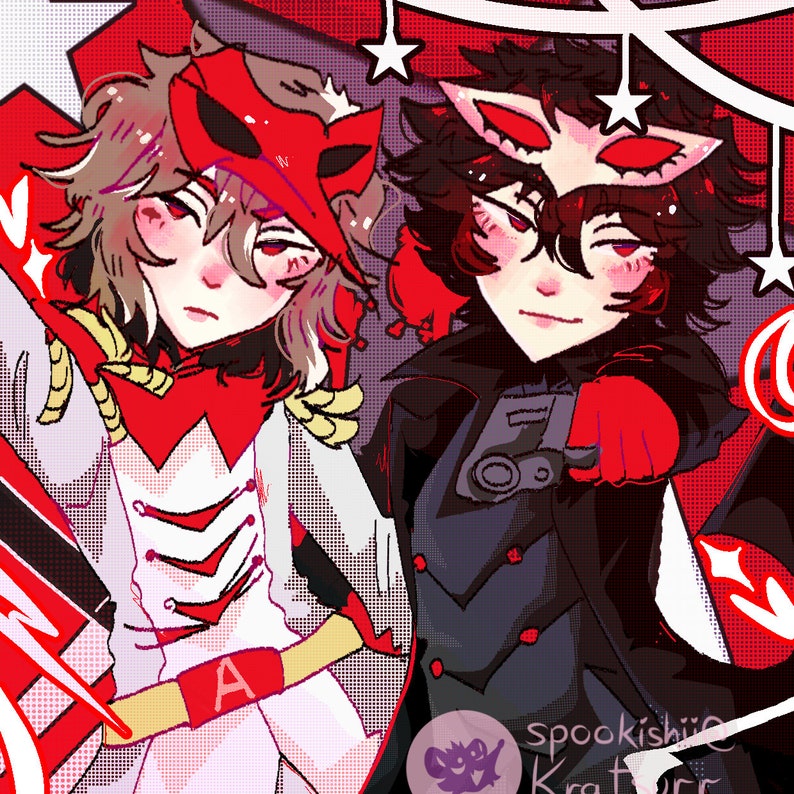 May include: Two anime-style characters with red masks and black eyes. The character on the left is wearing a white and red outfit with a yellow collar. The character on the right is wearing a black jacket with a red collar and a red glove. The background is red with white stars and a white banner.