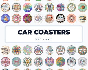 Pacote com 44 imagens PNG de porta-copos para carros, frases engraçadas e sarcásticas sobre direção, designs retrô florais para sublimação, modelos de porta-copos redondos, download instantâneo.