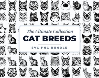猫の品種SVGバンドル、猫の肖像画クリップアートPNG、リアルな猫のイラスト、ペットの猫の顔SVG、猫好きのためのCricutファイル、猫のクリップアートバンドル
