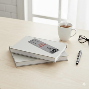 May include: Two white books are stacked on a light wood surface, with a gray bookmark featuring a skull and the text "I'M READING DARK ROMANCE." A white mug with tea, glasses, and a pen are also on the table.