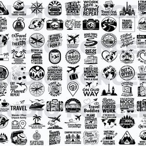 May include: A collection of black and white travel-themed graphic designs. The designs include phrases like "Travel is my therapy," "Take only pictures, leave only footprints," and images of airplanes, suitcases, and compasses.