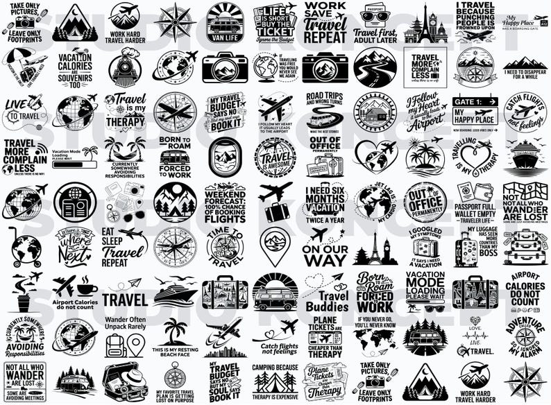 May include: A collection of black and white travel-themed graphic designs. The designs include phrases like "Travel is my therapy," "Take only pictures, leave only footprints," and images of airplanes, suitcases, and compasses.