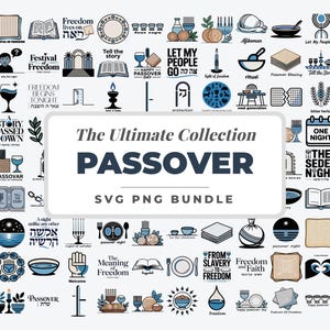 May include: A collection of Passover-themed SVG and PNG graphics. The image features various illustrations, including religious symbols, text, and imagery related to the holiday. The central text reads "The Ultimate Collection PASSOVER SVG PNG BUNDLE."